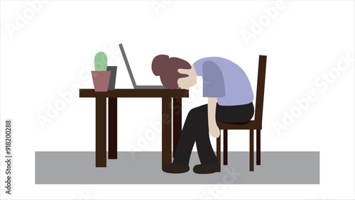 Worker is tired working in the office from hard work, woman is burnt out due to lot of work, sleepy girl sits at her desk with laptop and puts things off, woman head on the table on job