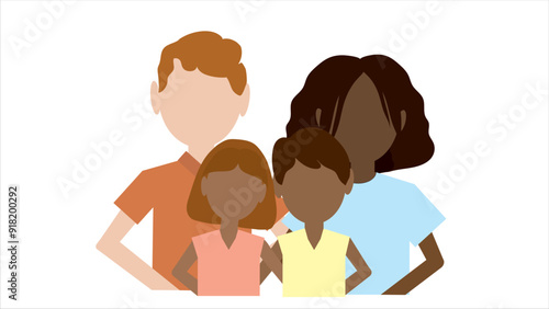 Interethnic full young family with daughter and son spending time together on white background, portrait of multicultural happy family, interethnic marriage with twin children