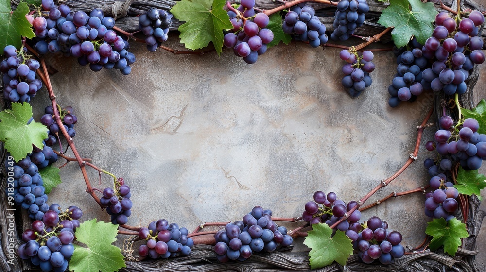 Fresh Bunches of Purple Grapes with Green Leaves on Rustic Wooden Background Fresh Bunches of Purple Grapes with Green Leaves on Rustic Wooden Background
