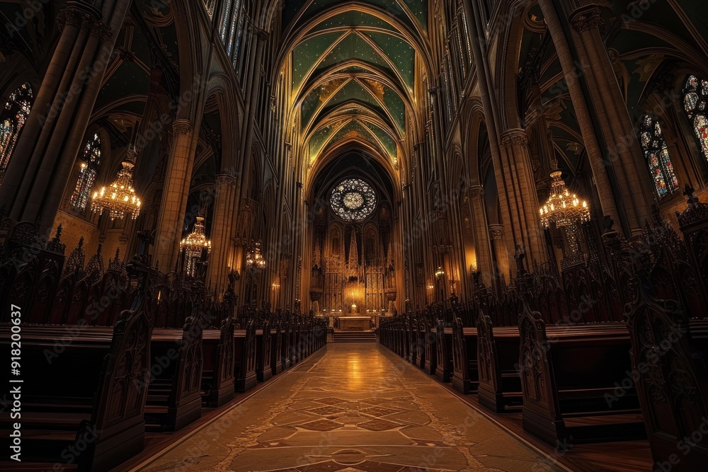 Fototapeta premium Atmospheric view of a gothic cathedral's ornate interior with stained glass windows and arches