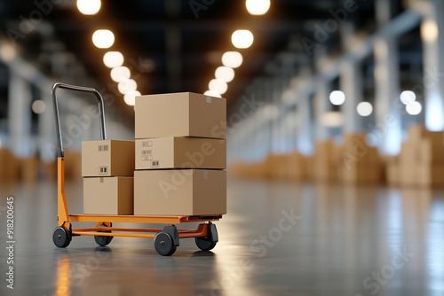 A dolly cart with boxes in the warehouse, illuminated by soft light, symbolizing the bustling activity of cargo delivery and transportation service for global trade.