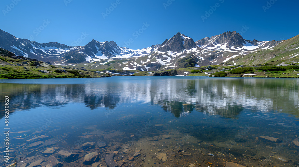 Tranquil Mountain Lake with Crystal-Clear Water Reflecting Snow-Capped Peaks and a Clear Blue Sky, Exuding Calm and Peace for Wellness and Outdoor Adventure Themes Tranquil Mountain Lake with Crystal-Clear Water Reflecting Snow-Capped Peaks and a Clear Blue Sky, Exuding Calm and Peace for Wellness and Outdoor Adventure Themes