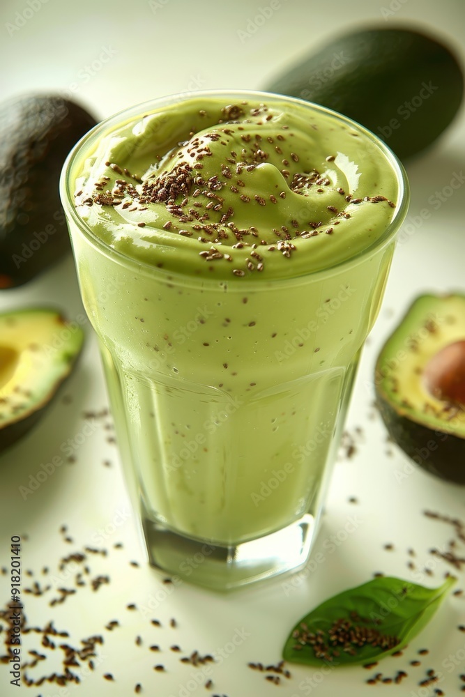 Creamy Avocado Smoothie with Chia Seeds in a Glass Surrounded by Fresh Avocados and Chia Seeds Creamy Avocado Smoothie with Chia Seeds in a Glass Surrounded by Fresh Avocados and Chia Seeds