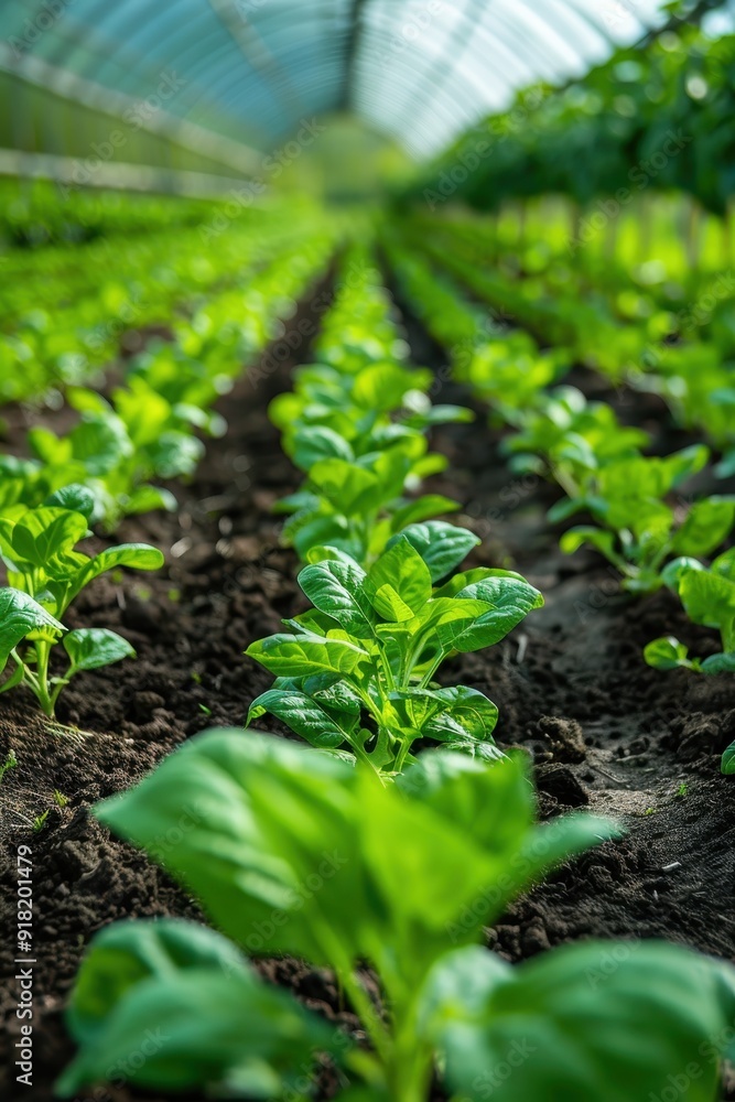 Lush Green Spinach Plants Growing in a Modern Greenhouse with Natural Light and Rich Soil Lush Green Spinach Plants Growing in a Modern Greenhouse with Natural Light and Rich Soil