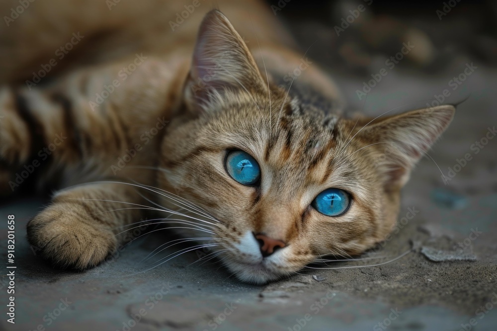 Tranquil blueeyed tabby cat lying down and resting peacefully, gazing with serene, vivid eyes in a closeup portrait, showcasing the beauty of its striking fur and soft, fluffy whiskers Tranquil blueeyed tabby cat lying down and resting peacefully, gazing with serene, vivid eyes in a closeup portrait, showcasing the beauty of its striking fur and soft, fluffy whiskers