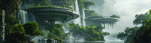 Futuristic Floating Cities Amidst Lush Waterfalls and Verdant Forests in a Sci-Fi Landscape #918201863