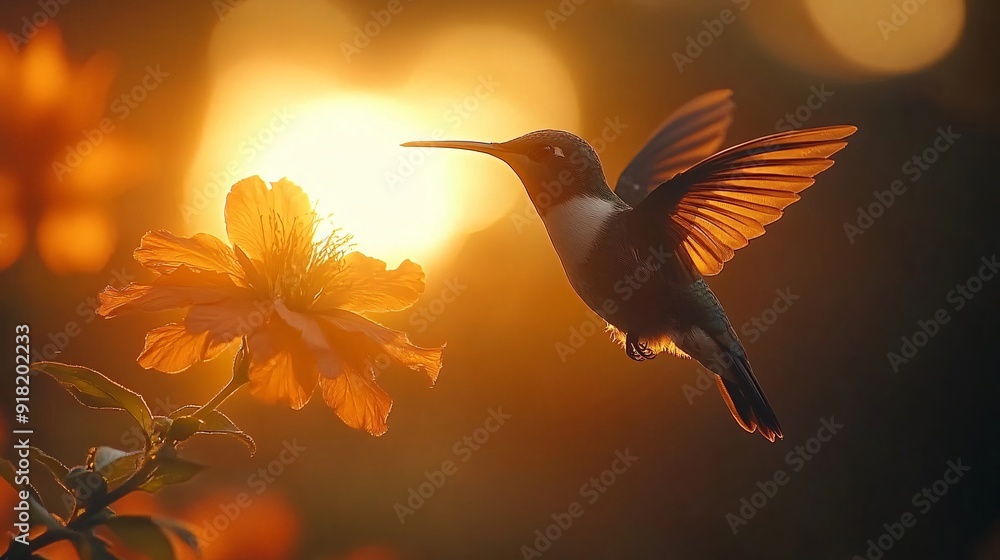 Obraz premium Hummingbird hovering near flower during golden hour