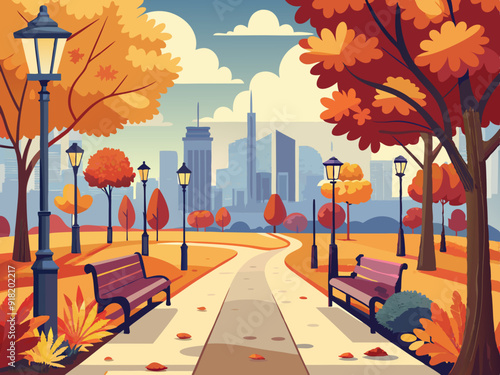 City park walkway with autumn trees, bushes, benches, lanterns 