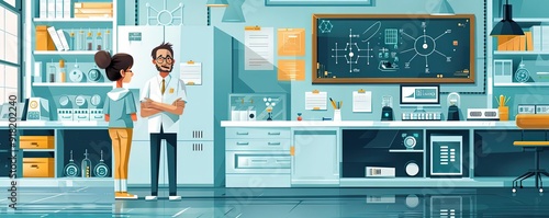 Quantum physics lab, advanced studies, flat design illustration