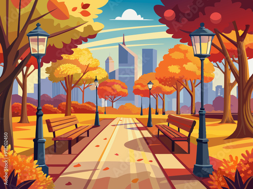 City park walkway with autumn trees, bushes, benches, lanterns 