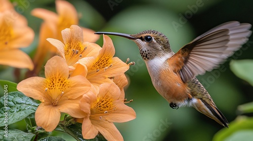 Hummingbird flying and drinking nectar from orange flower photo