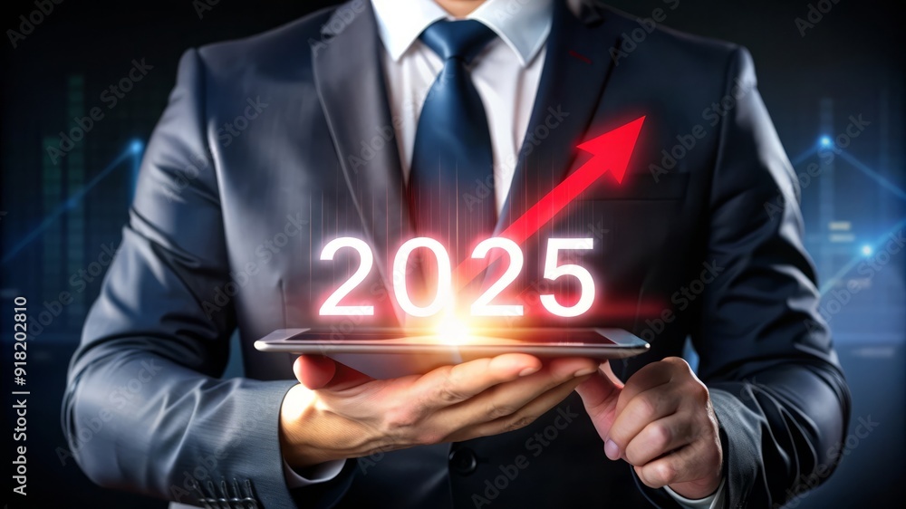 Businessman Holding Tablet with 2025 and Growth Arrow.