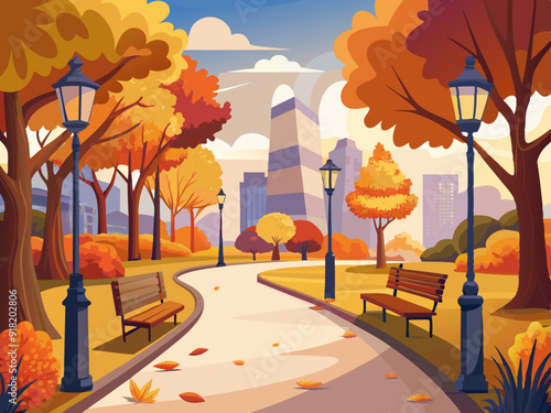 City park walkway with autumn trees, bushes, benches, lanterns 