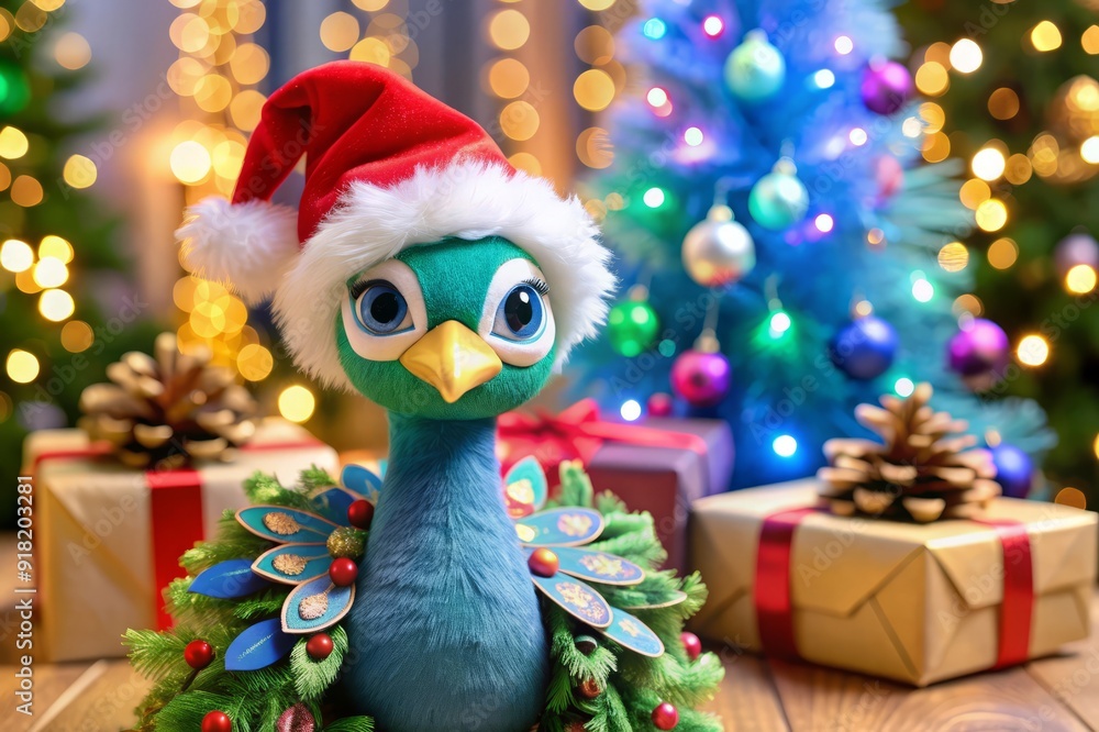 Festive Peacock with Christmas Decorations and Gifts. Festive Peacock with Christmas Decorations and Gifts.