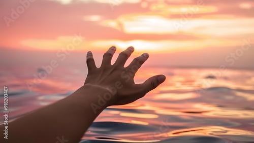 hand raising from water towards the sun