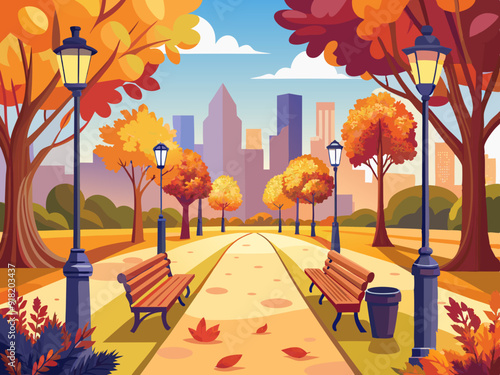 City park walkway with autumn trees, bushes, benches, lanterns 