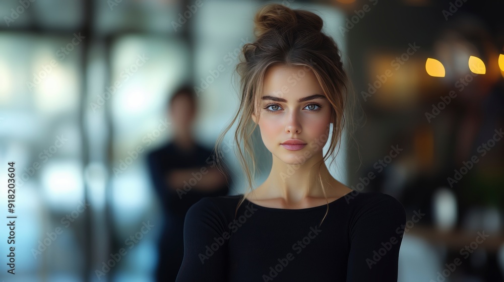 Portrait of beautiful woman with blur man background. Have an affair concept Portrait of beautiful woman with blur man background. Have an affair concept