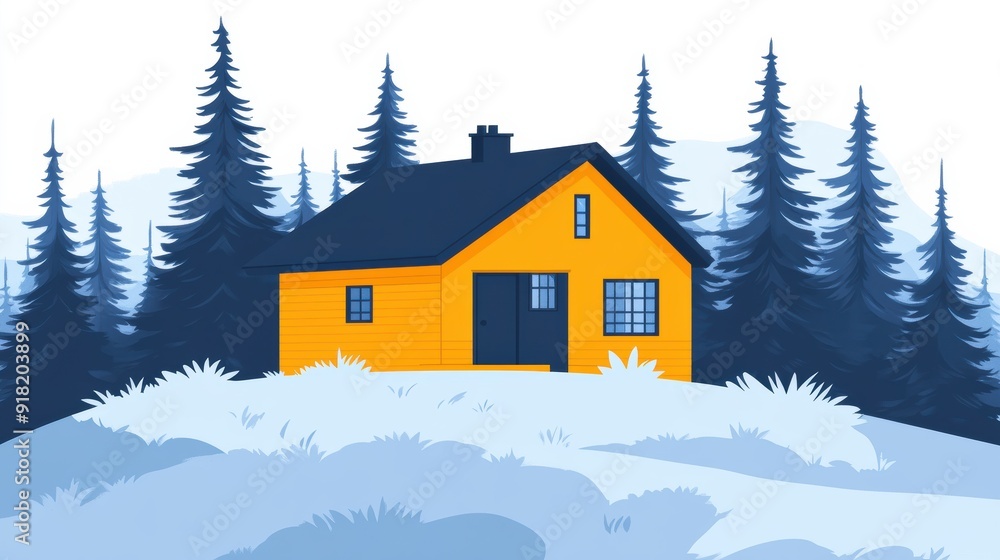 Stylized Yellow House Surrounded by Pine Trees Stylized Yellow House Surrounded by Pine Trees