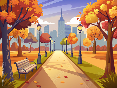 City park walkway with autumn trees, bushes, benches, lanterns 