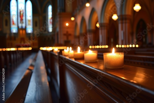 Softly lit candles line church pews, creating a peaceful atmosphere in a tranquil religious sanctuary