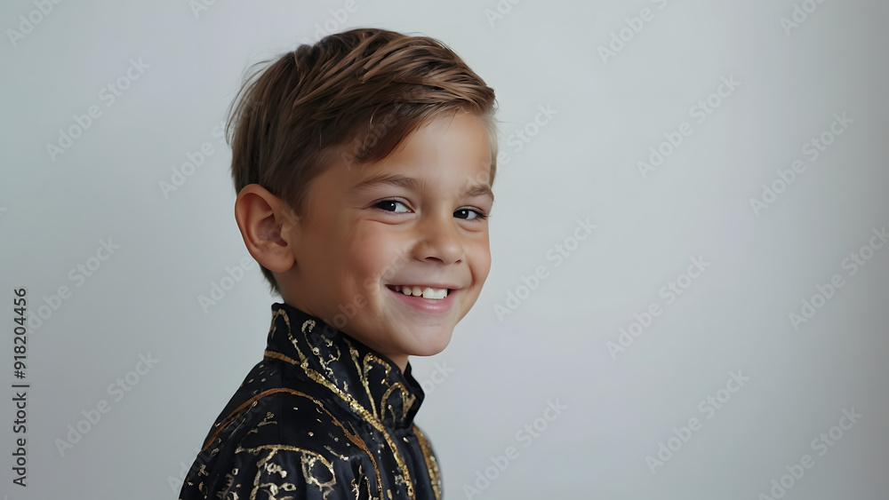 A boy in a carnival costume smiles half-turned to the camera on a light background