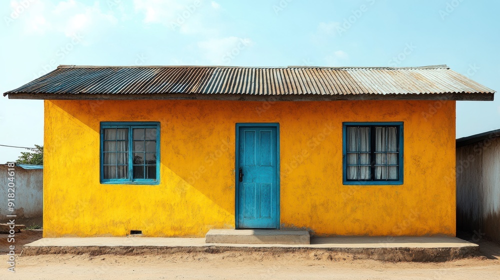 Vibrant Yellow House with Blue Accents Vibrant Yellow House with Blue Accents