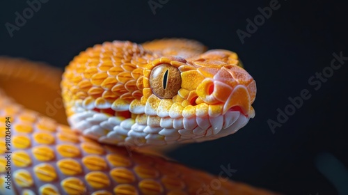 Close-up of a copperhead snake with vibrant yellow and orange scales, photo