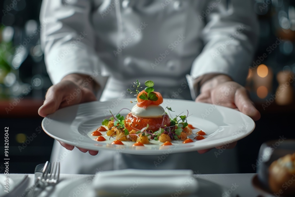 Chef's Signature Dish Presentation. Chef's Dish. A chef presenting a gourmet dish in a restaurant. Ideal for culinary or restaurant marketing. Photo, horizontal format.
Chef's Signature Dish Presentation. Chef's Dish. A chef presenting a gourmet dish in a restaurant. Ideal for culinary or restaurant marketing. Photo, horizontal format.