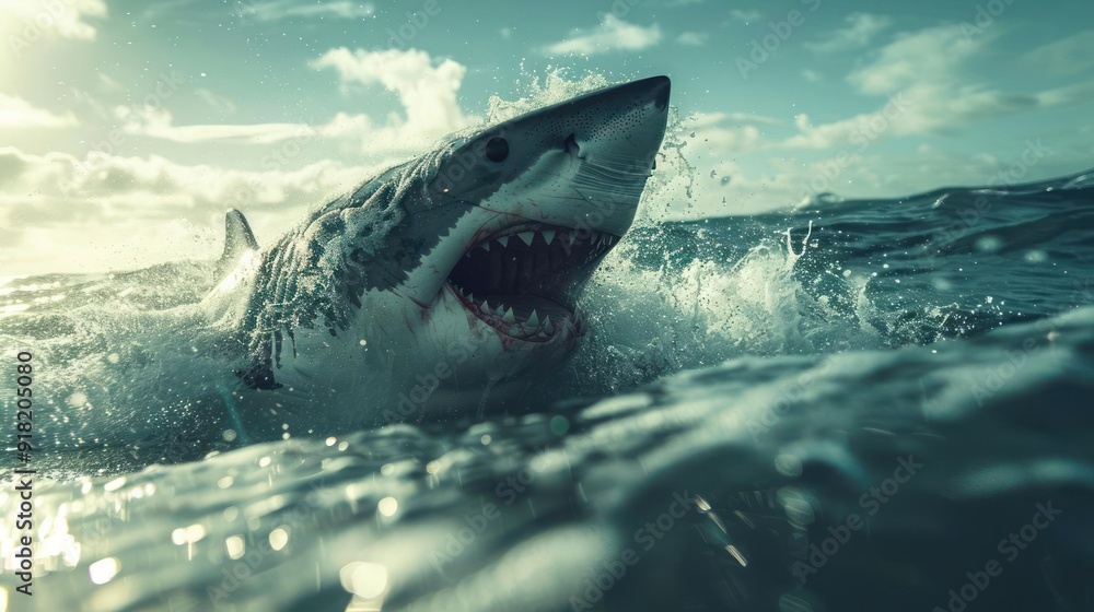 Fototapeta premium A large white shark swims through the water near a shore,