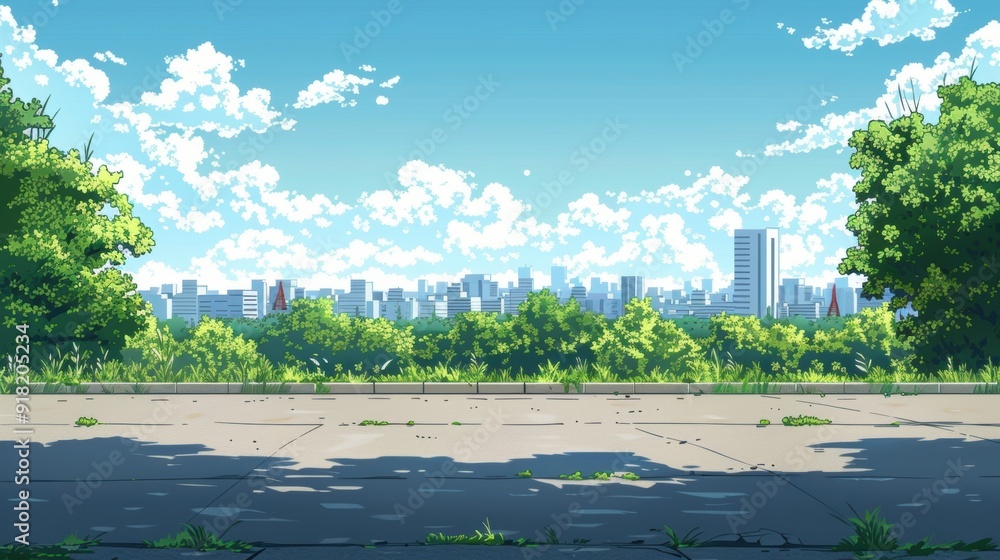 Fototapeta premium Flat asphalt cement ground in front, with a distant view of the city in a cartoon anime style.