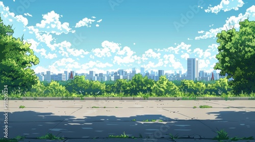 Flat asphalt cement ground in front, with a distant view of the city in a cartoon anime style.