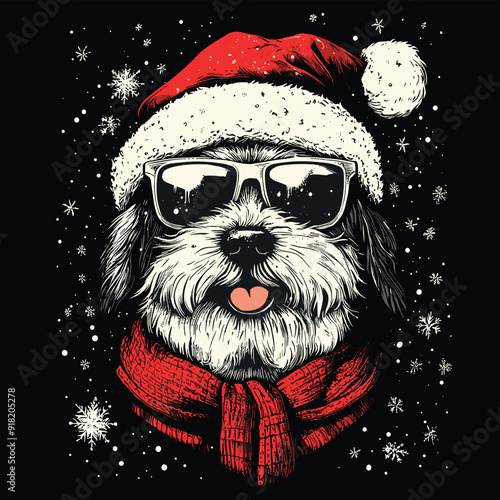 Christmas Dog With Santa's Hat., Vector Design, Black Background 