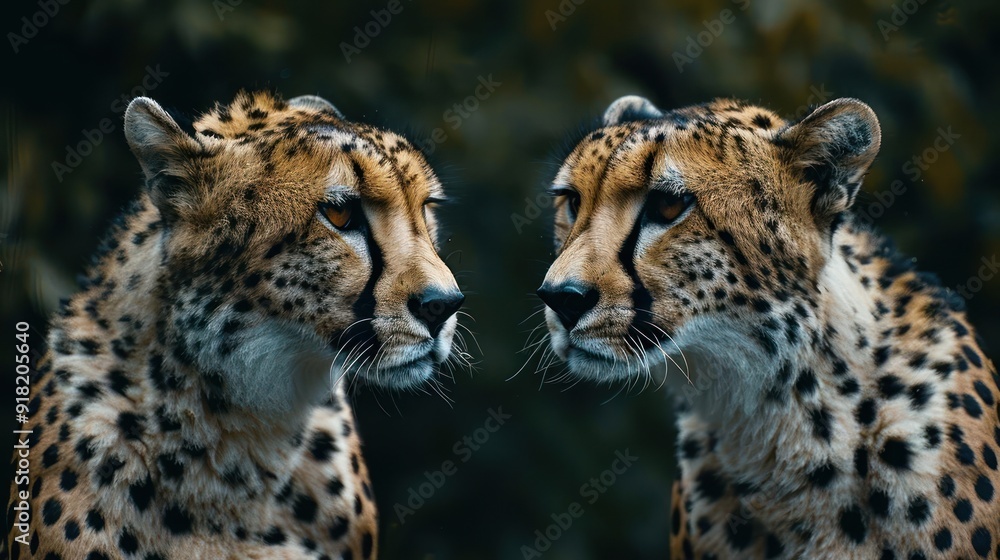 Two cheetahs staring directly at the camera with mirror reflections creating an interesting visual e Two cheetahs staring directly at the camera with mirror reflections creating an interesting visual e