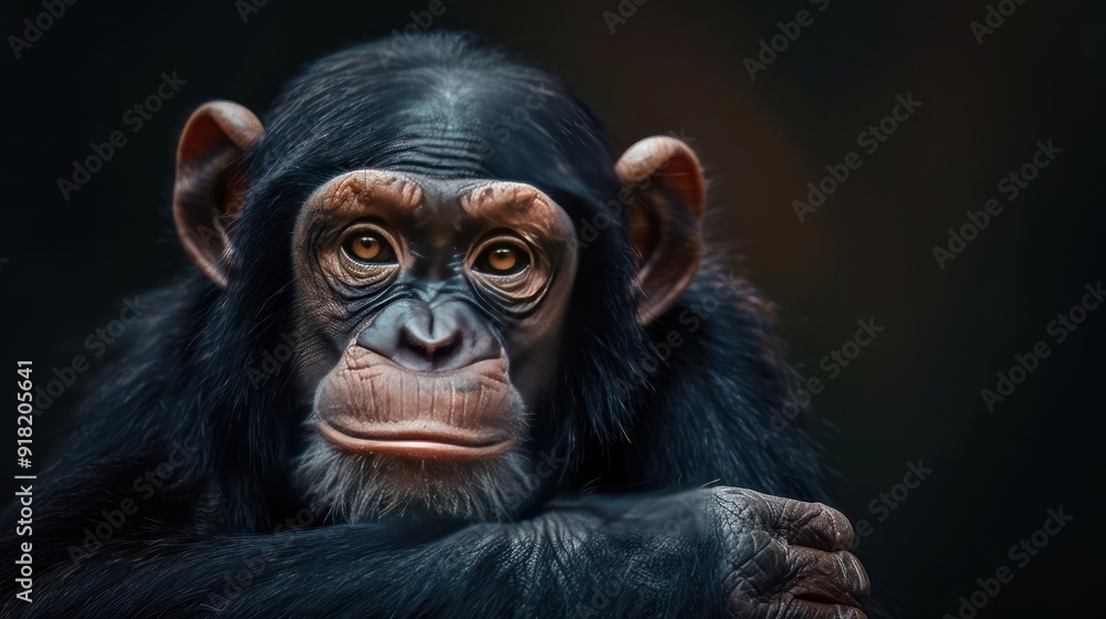 A close-up photo of a chimpanzee's face with a thoughtful expression. A close-up photo of a chimpanzee's face with a thoughtful expression.