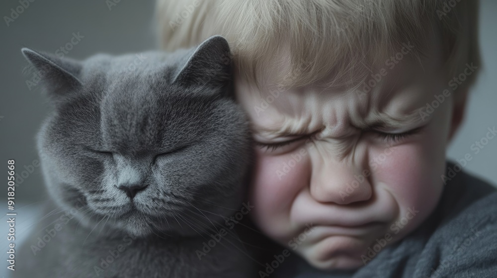 A toddler in a gray shirt is crying while hugging a gray cat, sharing a tender moment together A toddler in a gray shirt is crying while hugging a gray cat, sharing a tender moment together