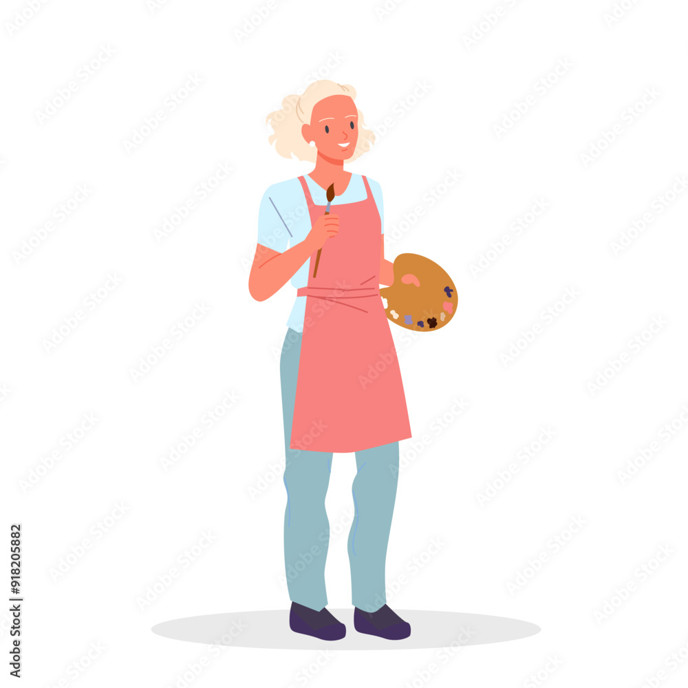 Girl artist and painter at work with palette and brush. Young cute talent woman in red apron holding paintbrush and smiling, standing to paint artwork on art workshop cartoon vector illustration Girl artist and painter at work with palette and brush. Young cute talent woman in red apron holding paintbrush and smiling, standing to paint artwork on art workshop cartoon vector illustration