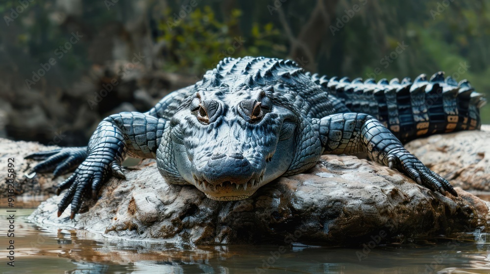 Alligator lounging by rocks in natural habitat. Alligator lounging by rocks in natural habitat.