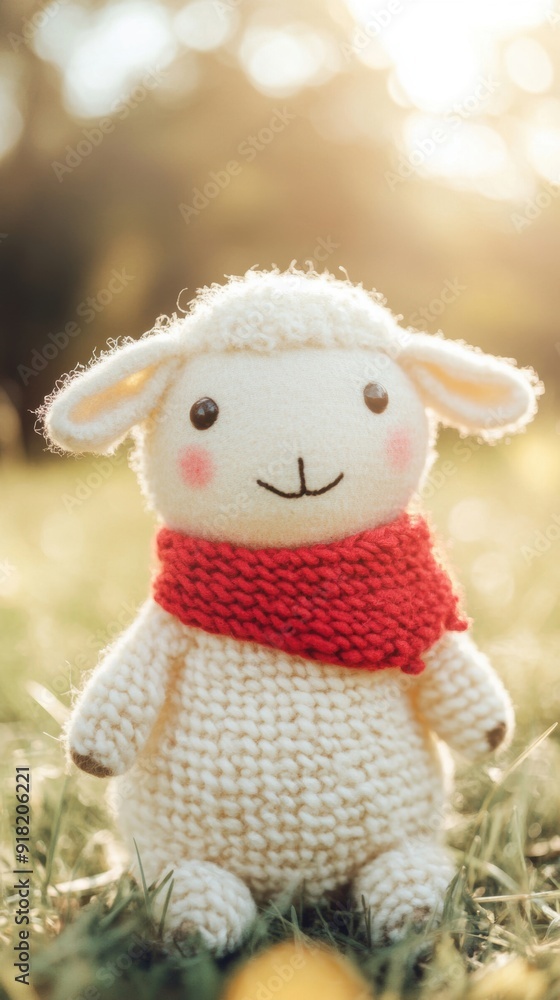 Fototapeta premium A cheerful toy sheep stands in a sunny meadow, wearing a red scarf and smiling brightly