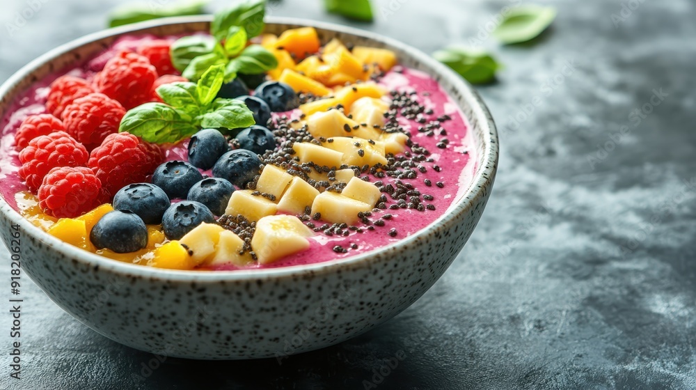 A bowl of fruit with blueberries, bananas, and raspberries A bowl of fruit with blueberries, bananas, and raspberries