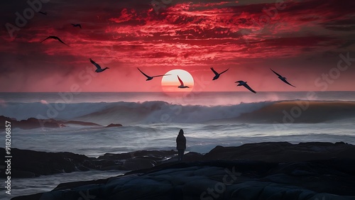 man standing on ocean rocks looking over horizon , sunset , red sky , birds in sky photo