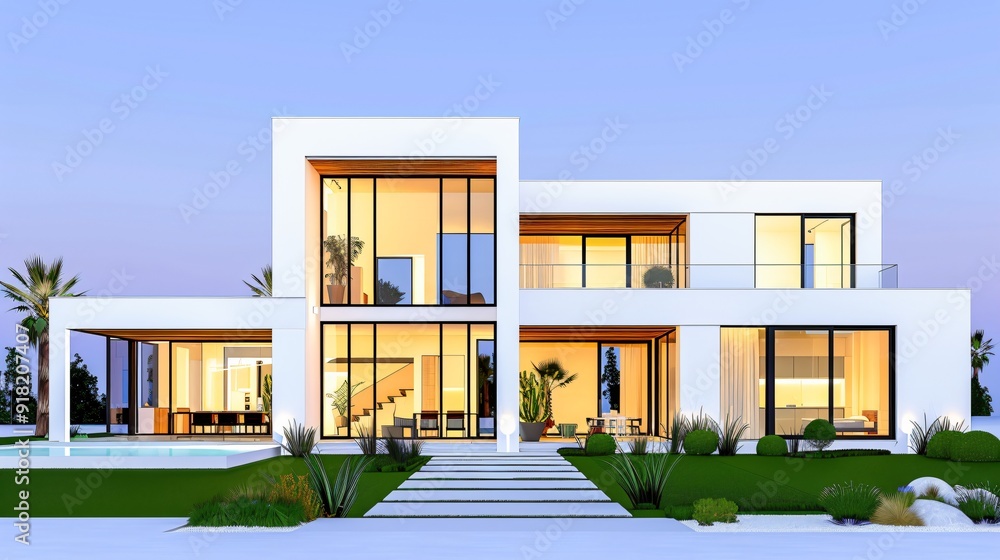 Modern White Villa with Pool and Lush Landscaping Modern White Villa with Pool and Lush Landscaping
