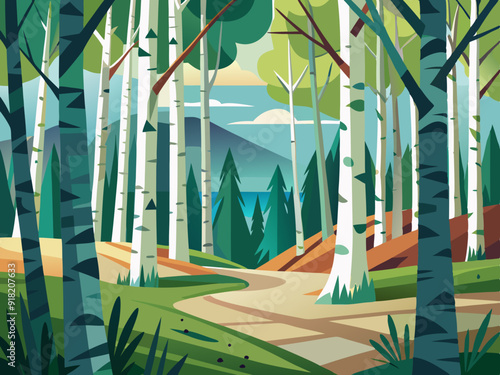 birch trees in the forest, Illustration