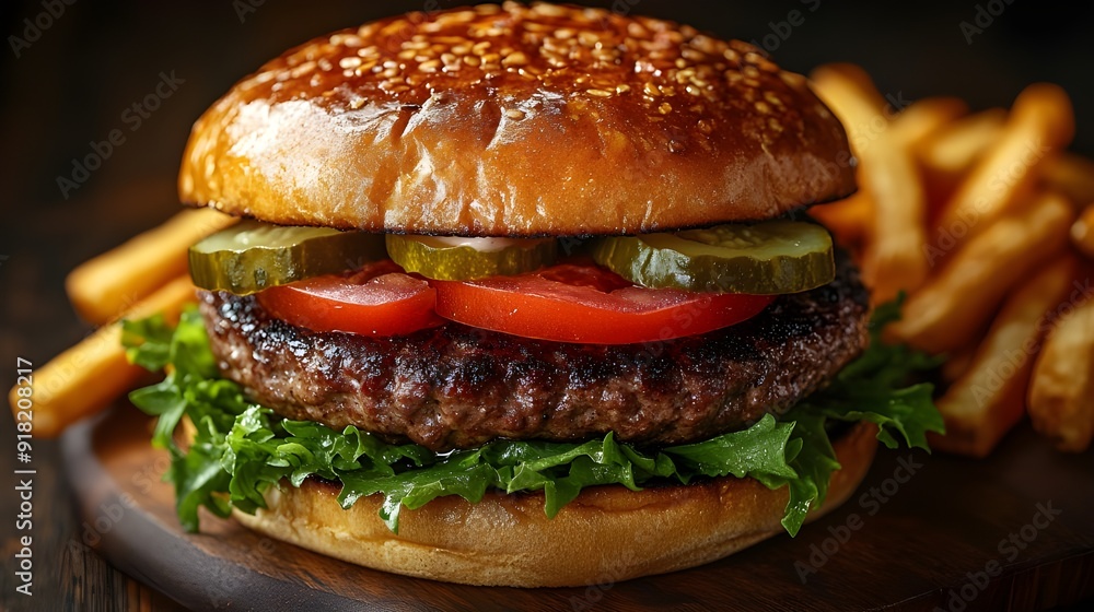 hamburger on a wooden illustration image for menu restaurant. Generative AI hamburger on a wooden illustration image for menu restaurant. Generative AI