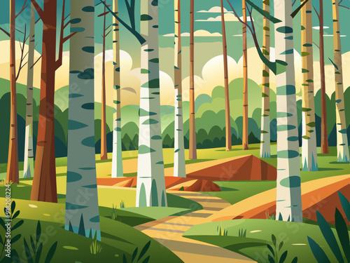 birch trees in the forest, Illustration