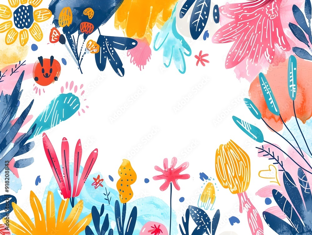 Fototapeta premium Whimsical and Playful Floral Frame Background with Doodle Like for Children s Content