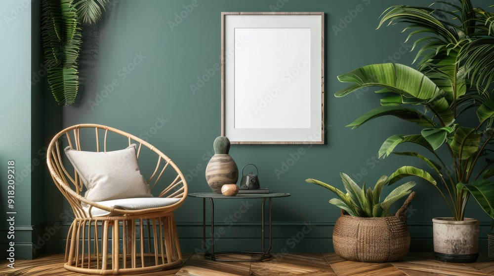 Chic living room with rattan chair, poster frame, side table, and accessories. Sage green wall. Blank space. Chic living room with rattan chair, poster frame, side table, and accessories. Sage green wall. Blank space.
