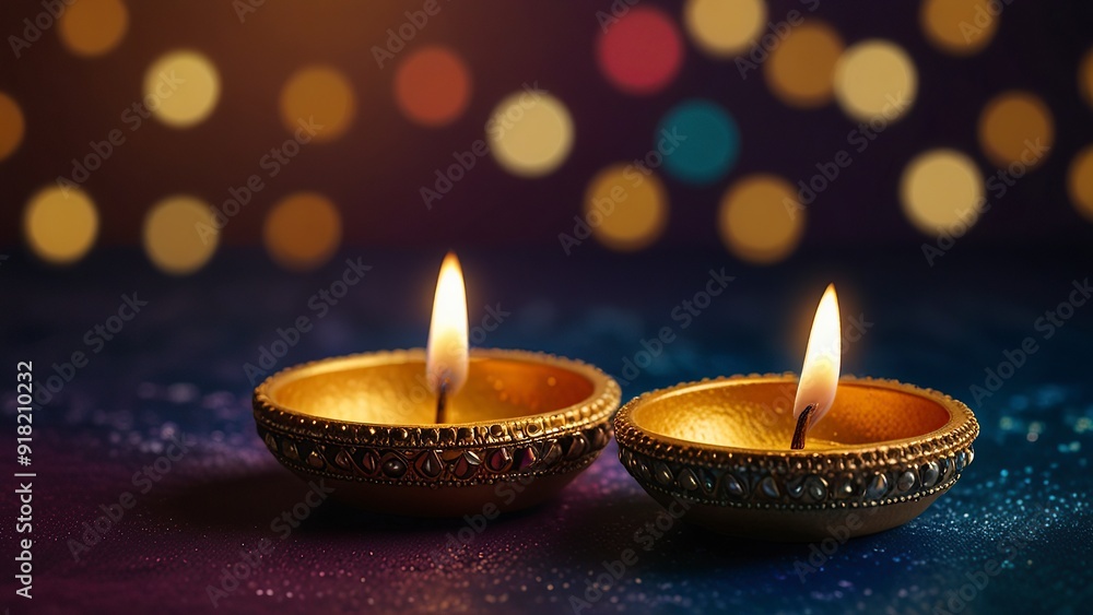Indian festival Diwali, Diya oil lamps lit on colorful rangoli. Hindu traditional. Happy Deepavali. Copy space for text. Indian festival Diwali, Diya oil lamps lit on colorful rangoli. Hindu traditional. Happy Deepavali. Copy space for text.