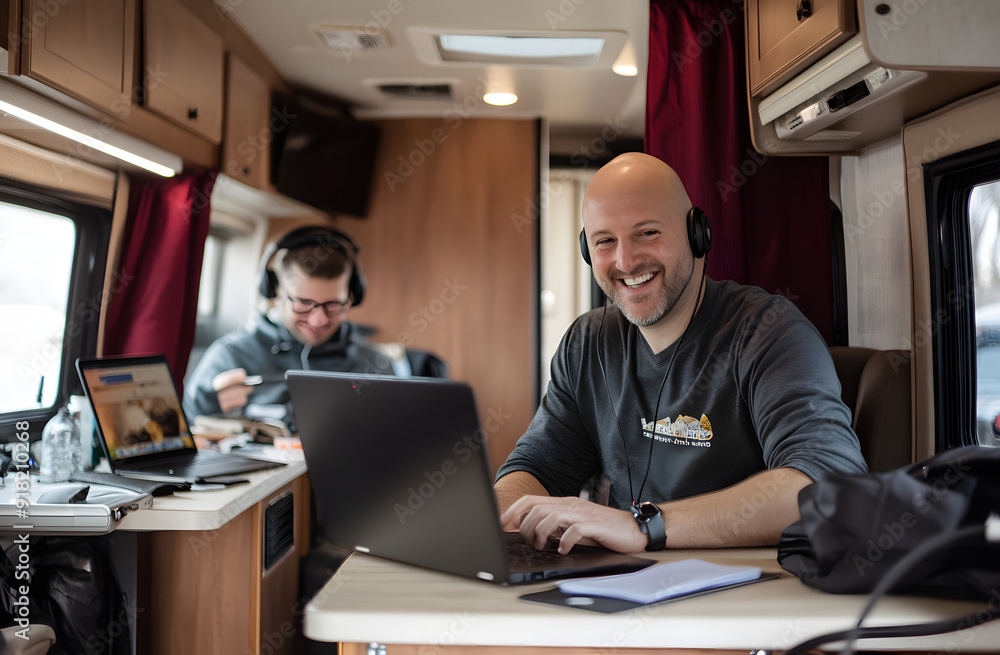 A man using a laptop and wearing earphones, engaged in remote work inside a cozy motorhome A man using a laptop and wearing earphones, engaged in remote work inside a cozy motorhome