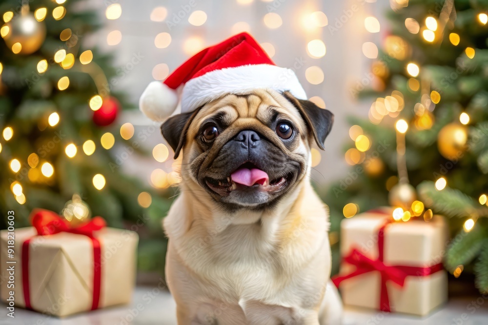 Christmas Pug with Santa Hat and Lights. Christmas Pug with Santa Hat and Lights.