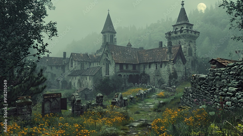Obraz premium A haunted medieval village in the French Pyrenees, with tales of Loup Garou and spectral troubadours haunting ancient stone chateaux under a silver moon